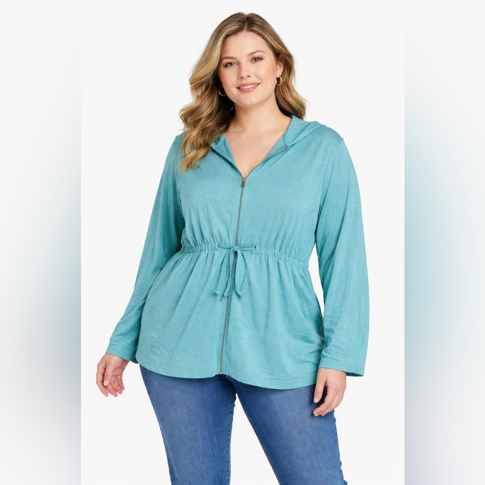 Caribbean Joe Teal Green Zippered Cinch Waist Hooded Sweatshirt. Size 2X
